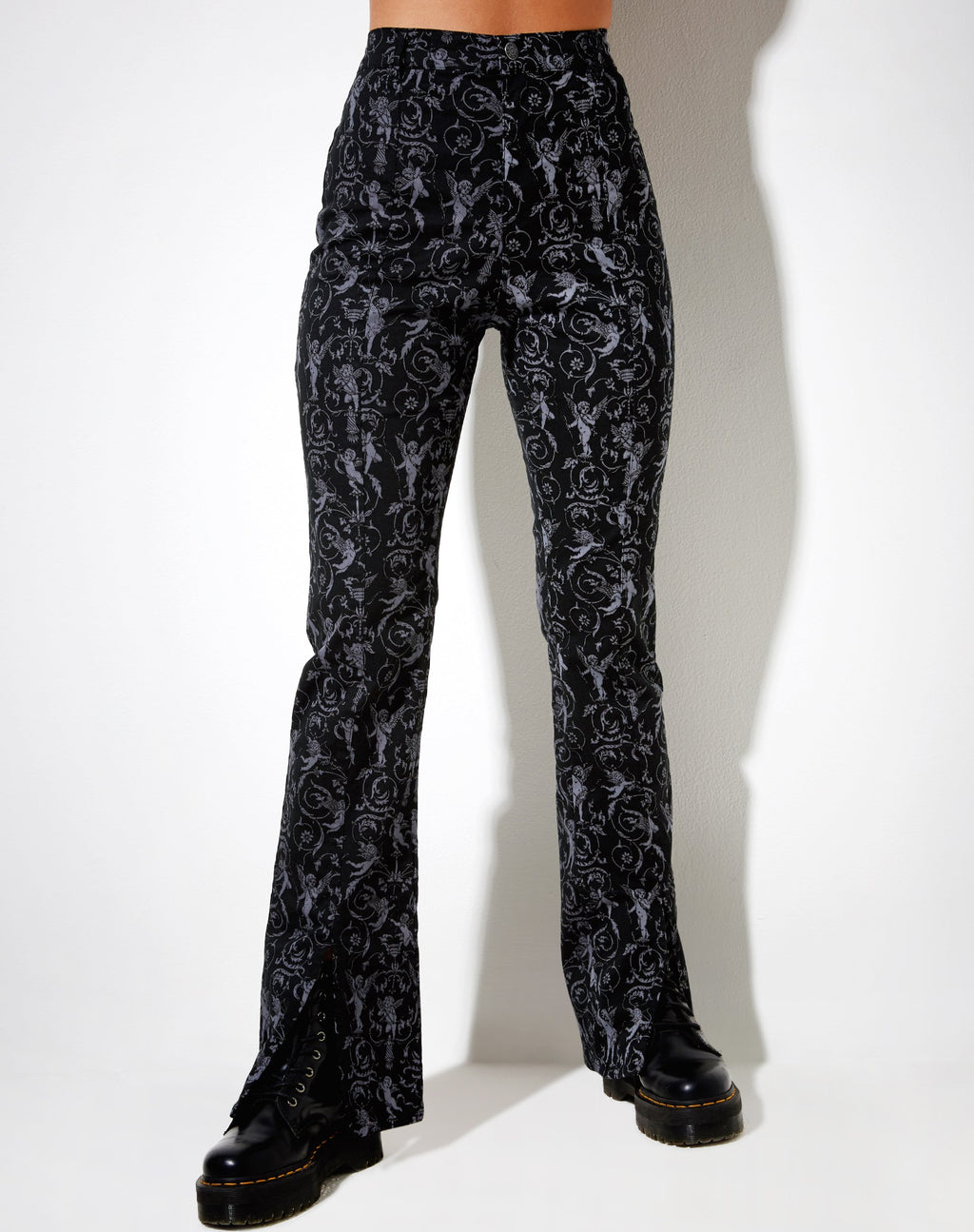 Pantaloni svasati Zabby in cherubino barocco nero e grigio