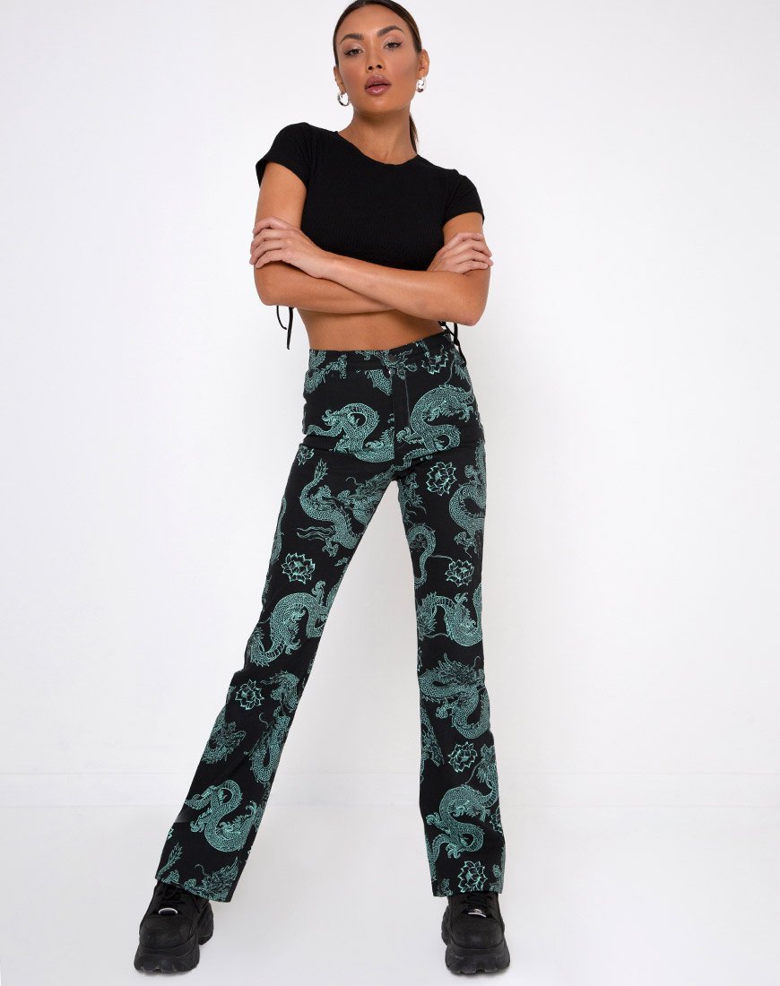 Pantaloni Zoven in Dragon Flower nero e menta
