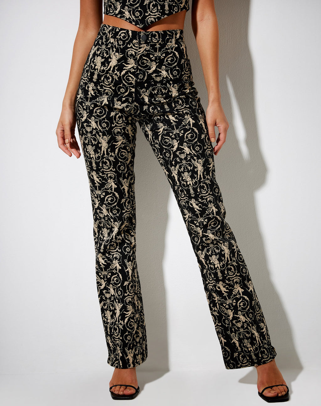 Pantaloni svasati Zoven in cherubino barocco nero e oro
